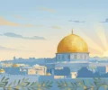 Illustration of Jerusalem's Old City skyline at dawn with an olive branch