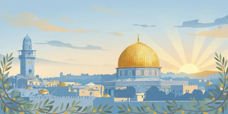 Illustration of Jerusalem's Old City skyline at dawn with an olive branch