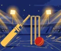 Illustration of cricket bat, ball and stumps under stadium floodlights