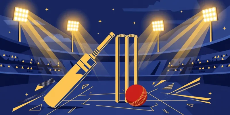 Illustration of cricket bat, ball and stumps under stadium floodlights