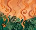 Illustration of the Amazon rainforest with rising smoke