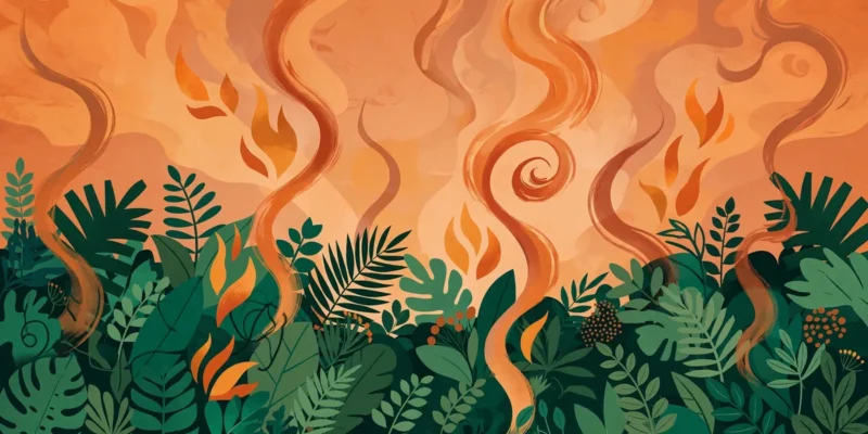 Illustration of the Amazon rainforest with rising smoke