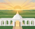 Illustration of the Kartarpur Corridor with an open gate at sunrise