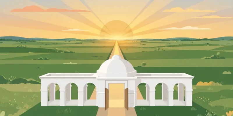 Illustration of the Kartarpur Corridor with an open gate at sunrise