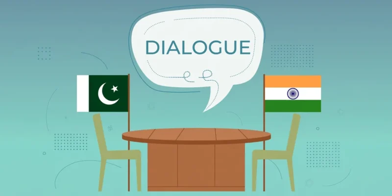 Illustration of Pakistan and India flags at a negotiation table symbolizing dialogue