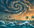 Stylised illustration of a cyclone spiral over a coastal town with bending palm trees and surging waves