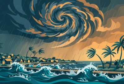 Stylised illustration of a cyclone spiral over a coastal town with bending palm trees and surging waves