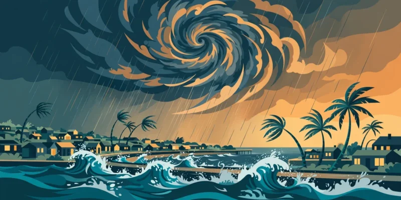 Stylised illustration of a cyclone spiral over a coastal town with bending palm trees and surging waves