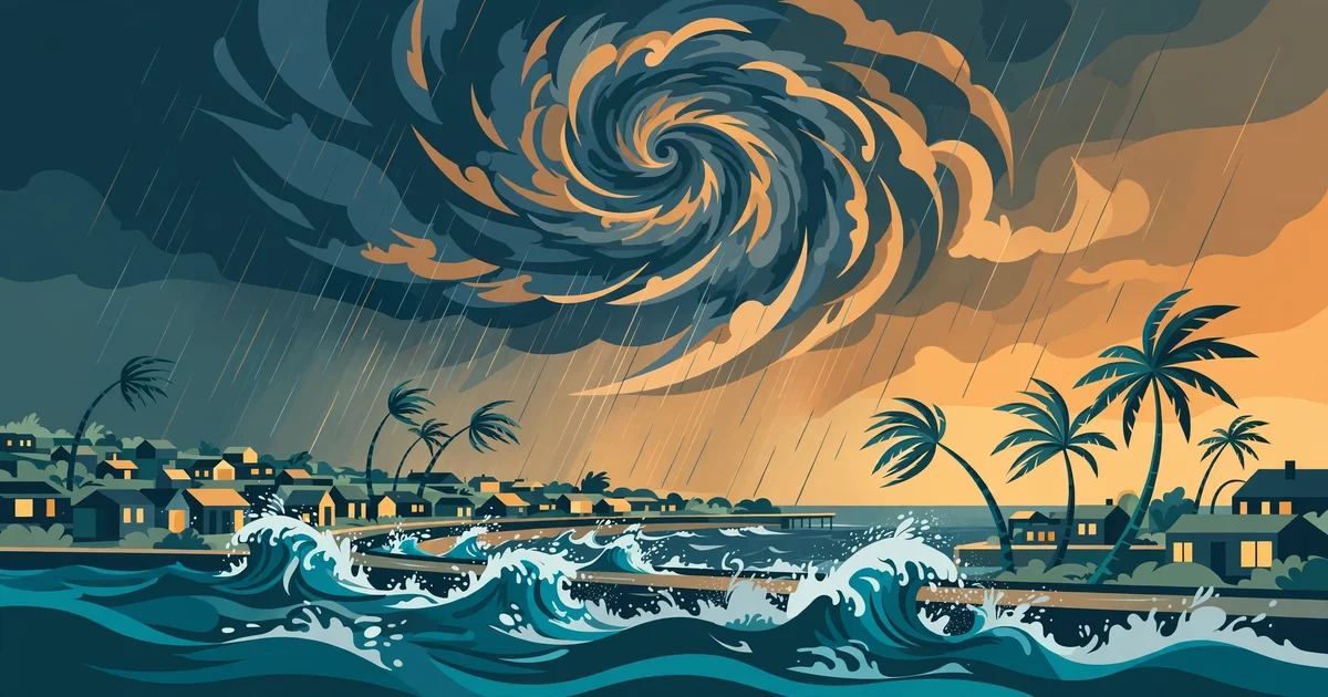 Stylised illustration of a cyclone spiral over a coastal town with bending palm trees and surging waves