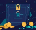 Flat illustration of a locked digital vault with gold coins and a broken chain on a dark navy background