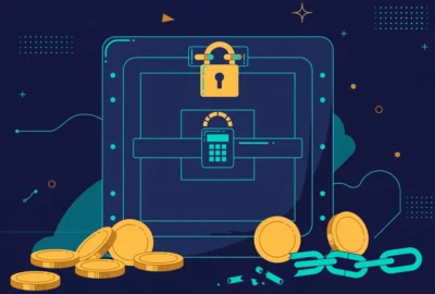 Flat illustration of a locked digital vault with gold coins and a broken chain on a dark navy background