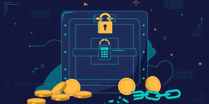 Flat illustration of a locked digital vault with gold coins and a broken chain on a dark navy background