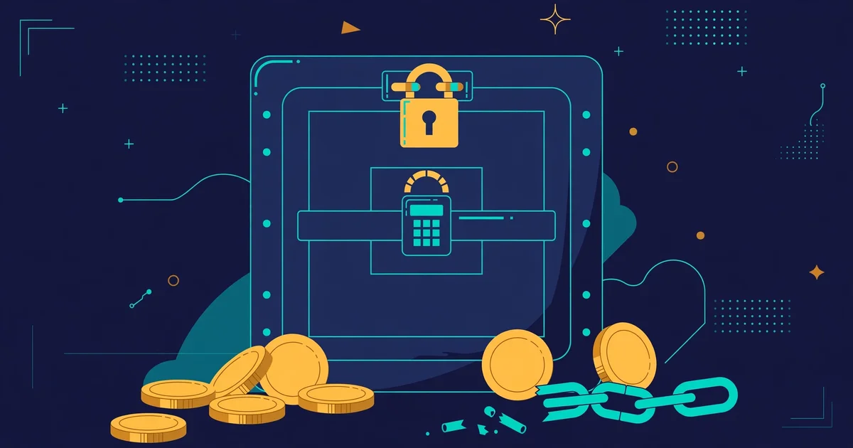 Flat illustration of a locked digital vault with gold coins and a broken chain on a dark navy background