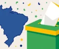 Illustrative graphic of a ballot box beside a map of Brazil in green, yellow and blue