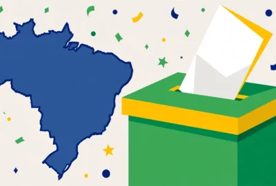 Illustrative graphic of a ballot box beside a map of Brazil in green, yellow and blue