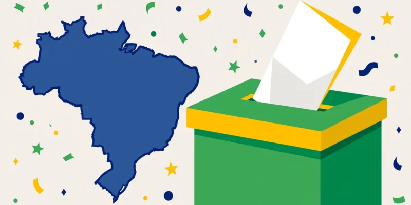 Illustrative graphic of a ballot box beside a map of Brazil in green, yellow and blue