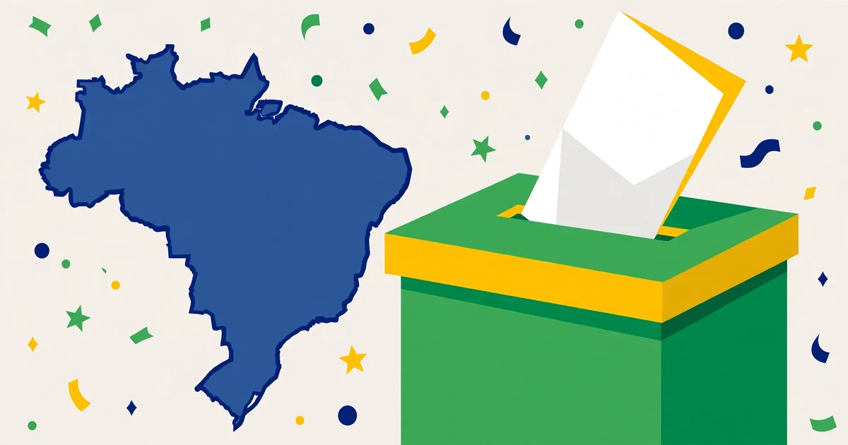 Illustrative graphic of a ballot box beside a map of Brazil in green, yellow and blue