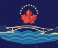 Flat illustration of a red maple leaf under a ring of gold stars above a bridge across ocean waves on a dark navy background