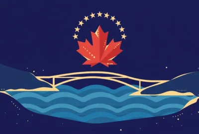 Flat illustration of a red maple leaf under a ring of gold stars above a bridge across ocean waves on a dark navy background