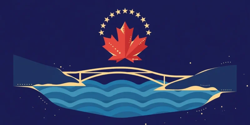 Flat illustration of a red maple leaf under a ring of gold stars above a bridge across ocean waves on a dark navy background