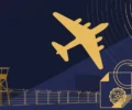 Flat-vector illustration of a bomber silhouette climbing over a fenced airbase at night, with radar and investigation motifs — a conceptual image for the RAF Fairford rearrests story