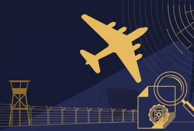 Flat-vector illustration of a bomber silhouette climbing over a fenced airbase at night, with radar and investigation motifs — a conceptual image for the RAF Fairford rearrests story