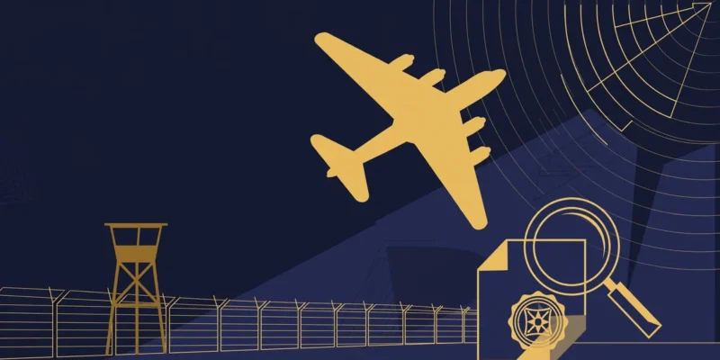 Flat-vector illustration of a bomber silhouette climbing over a fenced airbase at night, with radar and investigation motifs — a conceptual image for the RAF Fairford rearrests story