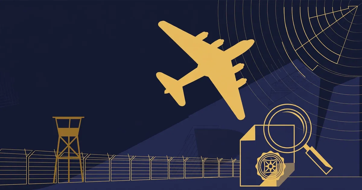 Flat-vector illustration of a bomber silhouette climbing over a fenced airbase at night, with radar and investigation motifs — a conceptual image for the RAF Fairford rearrests story
