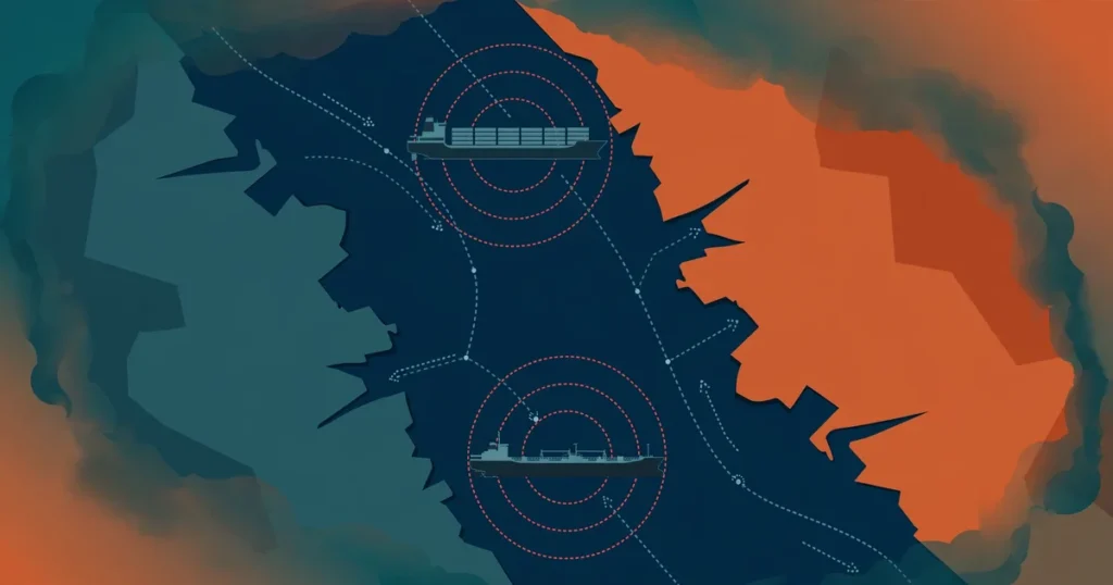 Illustration of cargo ships in the Strait of Hormuz under attack