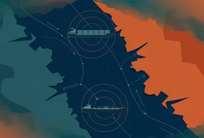Illustration of cargo ships in the Strait of Hormuz under attack