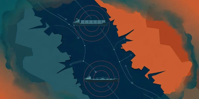 Illustration of cargo ships in the Strait of Hormuz under attack