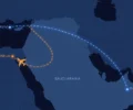 Illustration of flydubai flight FZ1073 route: scheduled Dubai–Tel Aviv path and diversion to Tabuk, Saudi Arabia