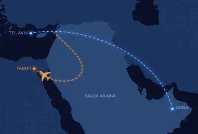 Illustration of flydubai flight FZ1073 route: scheduled Dubai–Tel Aviv path and diversion to Tabuk, Saudi Arabia