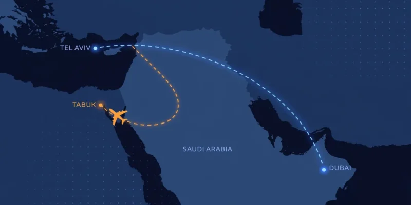 Illustration of flydubai flight FZ1073 route: scheduled Dubai–Tel Aviv path and diversion to Tabuk, Saudi Arabia