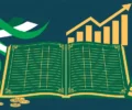 Flat vector illustration of an open green ledger with a rising gold bar chart, coins and a calculator, symbolizing Pakistan's IMF loan negotiations