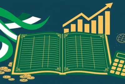 Flat vector illustration of an open green ledger with a rising gold bar chart, coins and a calculator, symbolizing Pakistan's IMF loan negotiations