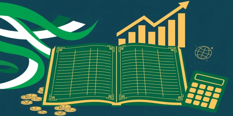 Flat vector illustration of an open green ledger with a rising gold bar chart, coins and a calculator, symbolizing Pakistan's IMF loan negotiations