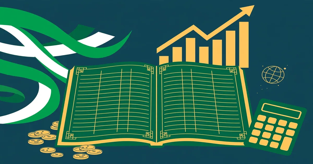 Flat vector illustration of an open green ledger with a rising gold bar chart, coins and a calculator, symbolizing Pakistan's IMF loan negotiations