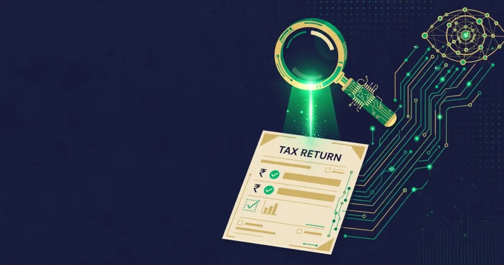 AI-powered tax return checking: FBR illustration showing artificial intelligence scanning an income tax return.