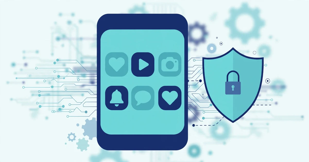 Illustration of a smartphone with app icons beside a shield with a padlock, representing age-restriction and online child protection