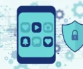 Illustration of a smartphone with app icons beside a shield with a padlock, representing age-restriction and online child protection