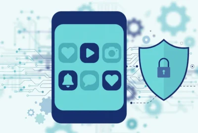 Illustration of a smartphone with app icons beside a shield with a padlock, representing age-restriction and online child protection