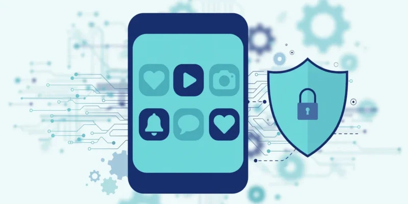 Illustration of a smartphone with app icons beside a shield with a padlock, representing age-restriction and online child protection