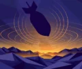 Stylized illustration of a giant bomb silhouette descending over mountain terrain with expanding shockwave rings