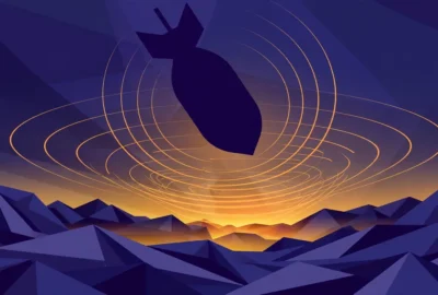 Stylized illustration of a giant bomb silhouette descending over mountain terrain with expanding shockwave rings