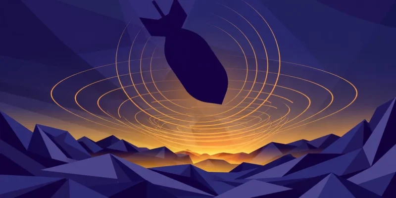 Stylized illustration of a giant bomb silhouette descending over mountain terrain with expanding shockwave rings