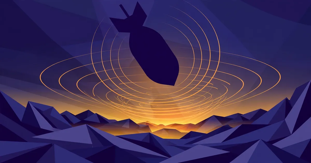 Stylized illustration of a giant bomb silhouette descending over mountain terrain with expanding shockwave rings