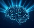 Glowing illustration of a human brain surrounded by blue light rays, representing optogenetics research