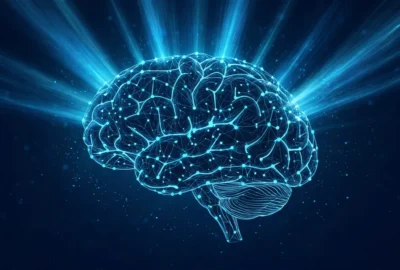Glowing illustration of a human brain surrounded by blue light rays, representing optogenetics research