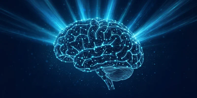 Glowing illustration of a human brain surrounded by blue light rays, representing optogenetics research